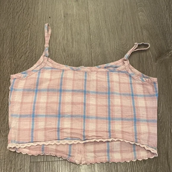 Wet Seal Pink & Blue Plaid Crop Tank Top - Picture 2 of 3